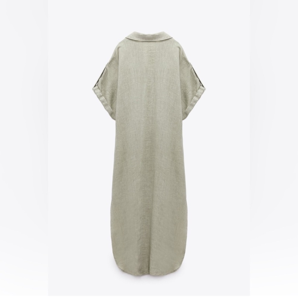 ZARA GREEN LINEN RELAXED FIT BUTTON DOWN DRESS - Picture 3 of 5